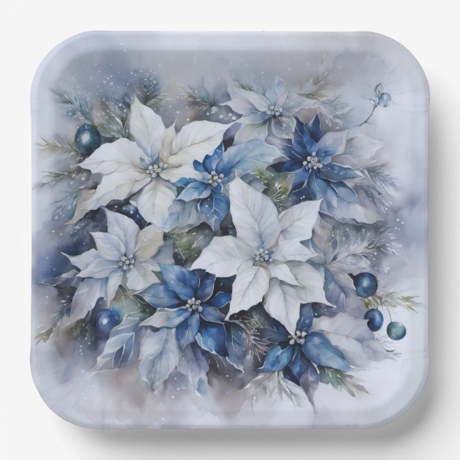 Blue Poinsettia Flowers, Christmas Ornaments Paper Plate (Front)
