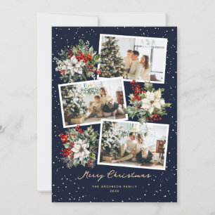 Blue Poinsettia Photo Collage Merry Christmas Card