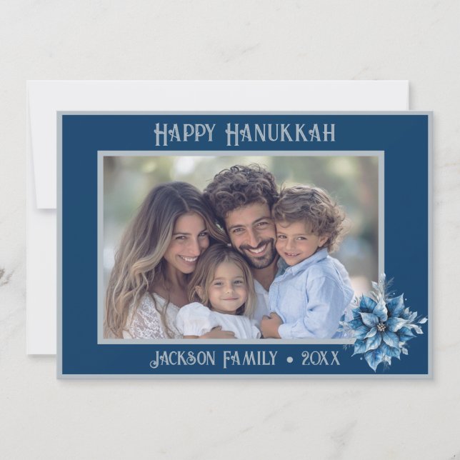 Blue Poinsettia Photo Flat Holiday Card (Front)