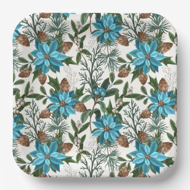Blue Poinsettia's And Pines Paper Plate (Front)