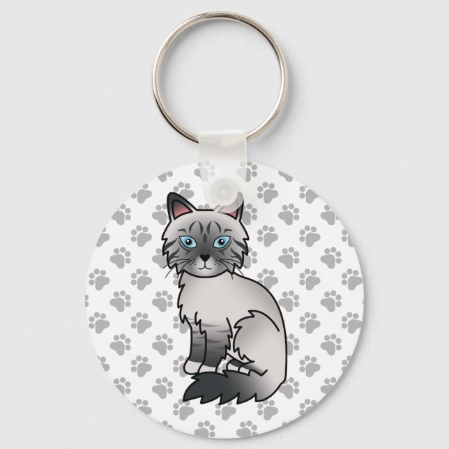 Blue Point Tabby Birman / Ragdoll Cute Cat & Paws Keychain (Front)