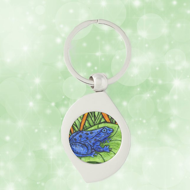 Blue Poison Vibrant Frog Keychain (Blue poison Frog on green lily pad with yellow reeds grass on keychain.)