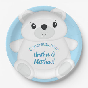 Blue Polar Bear Baby Shower Paper Plate