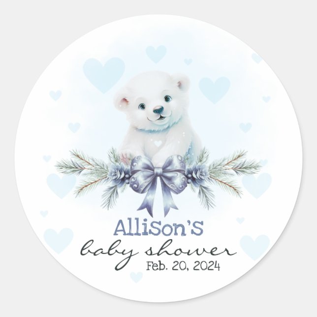 Blue Polar Bear Cub Boy Hearts Winter Baby Shower Classic Round Sticker (Front)
