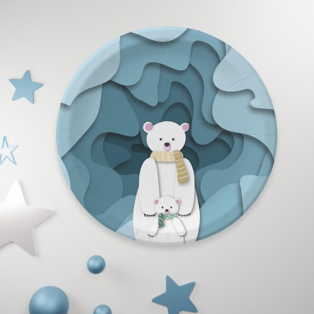 Blue Polar Bear Mom and Baby in Cave Party Paper Plate (Creator Uploaded)