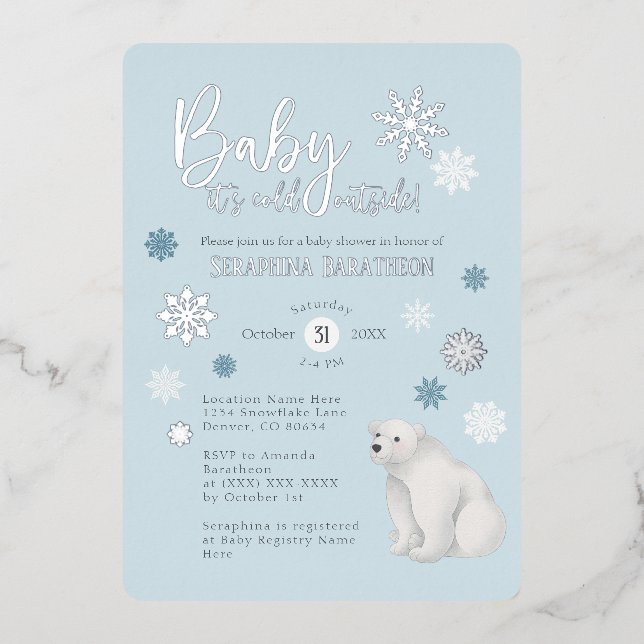 Blue Polar Bear Silver Foil Snowflake Baby Shower (Front)
