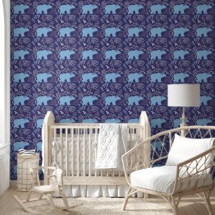 Blue Polar Bears Christmas Leaf Patterns on navy Wallpaper