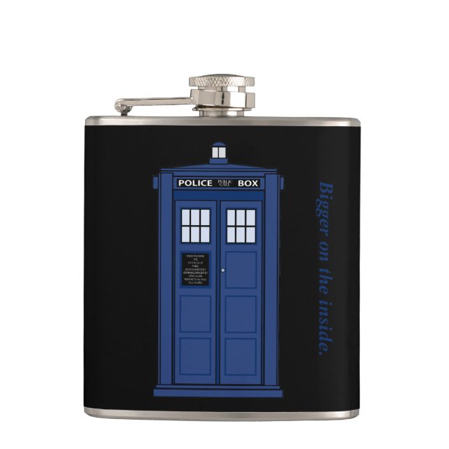 Blue Police Box Bigger on the Inside geek flask (Front)