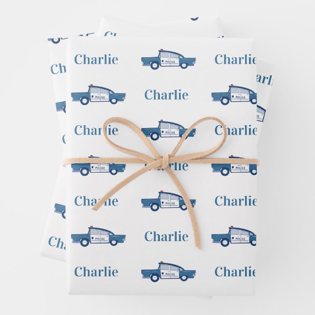 Blue Police Officer Birthday Party Custom Wrapping Paper Sheet (In situ)