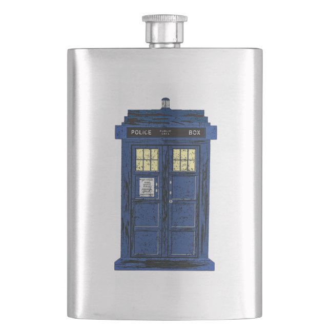 Blue Police Public Call Box - UK Time Travel 1 Hip Flask (Front)