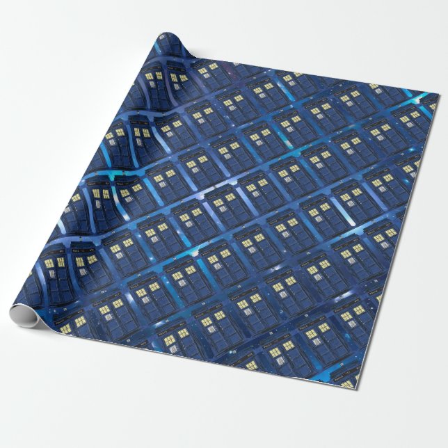 Blue Police Public Call Box - UK Time Travel 1 Wrapping Paper (Unrolled)