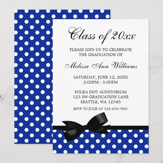 Blue Polka Dot Black Bow Graduation Announcement (Front/Back)