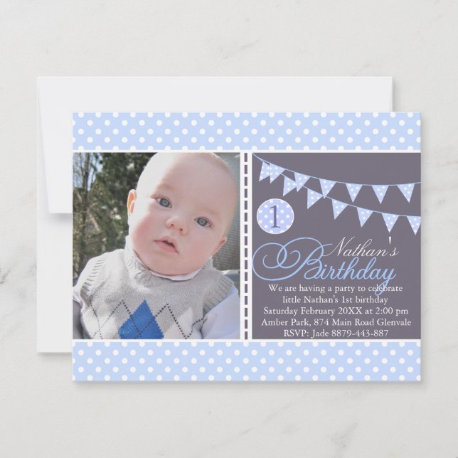 Blue Polka Dot Bunting Premier Invitation d'annive (Devant)