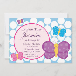 Blue Polka dot Butterfly Birthday Invitation