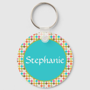 Blue Polka Dot Customizable Name Button Keychain