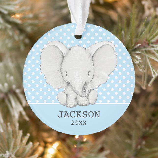 Blue Polka Dot Elephant Personalized Boy baby Ornament (Tree)