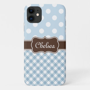 Blue Polka Dot Gingham Patterns Brown Name iPhone 11 Case