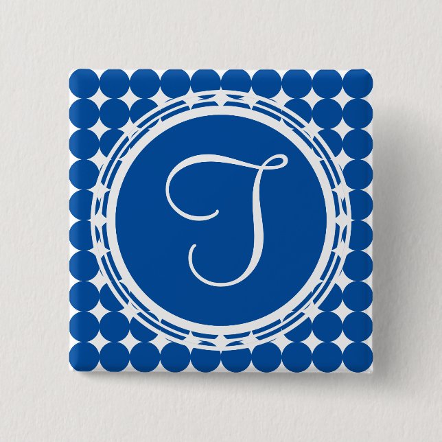 Blue Polka Dot Monogram 2 Inch Square Button (Front)