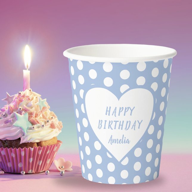 Blue Polka Dot Pattern Heart Birthday Party Paper Cups (Creator Uploaded)