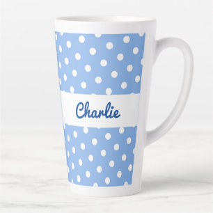 Blue Polka Dot Pattern Stylish Custom Name Pretty Latte Mug