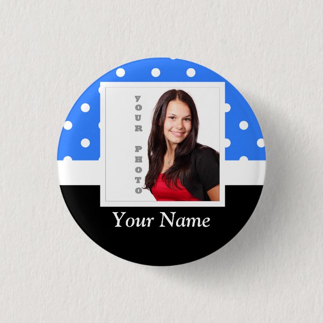 Blue polka dot photo template 1 inch round button (Front)