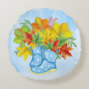 Blue Polka-dot Rain Boots Fall Leaves Round Pillow