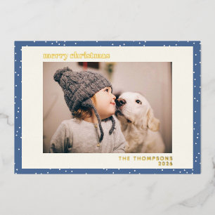 Blue Polka Dot Snow Simple Photo Gold Foil Holiday Card