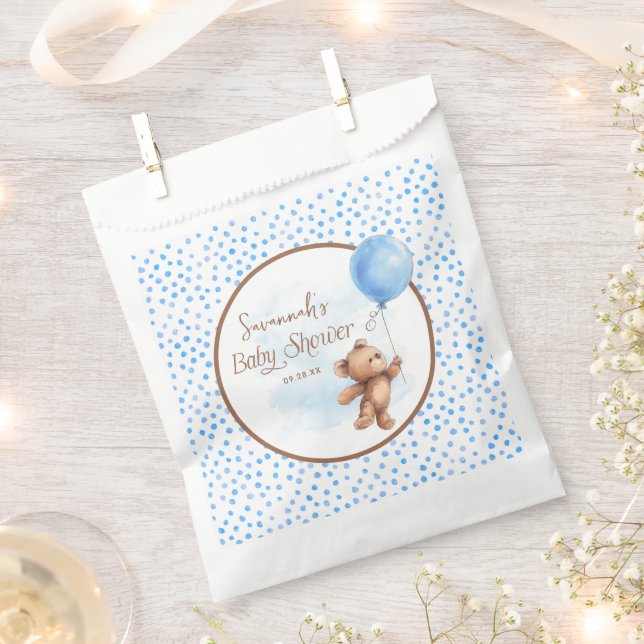 Blue Polka Dot Teddy Bear Baby Shower Favour Bag (Clipped)
