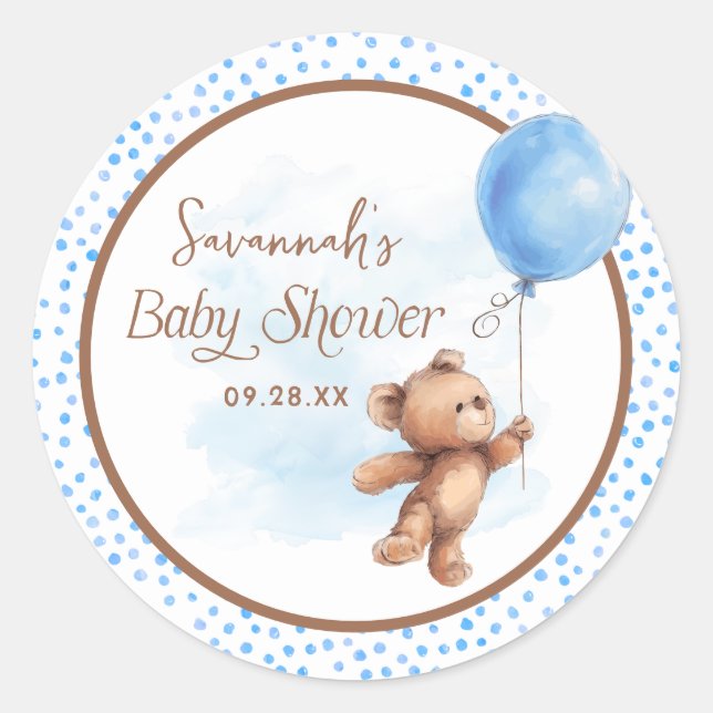 Blue Polka Dot Teddy Bear Balloon Baby Shower  Classic Round Sticker (Front)