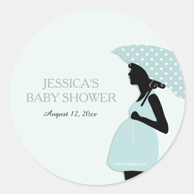 Blue Polka Dot Umbrella Baby Shower Stickers (Front)