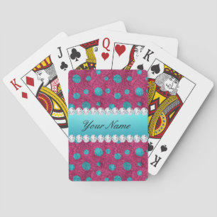 Blue Polka Dots Hot Pink Faux Diamonds Playing Cards