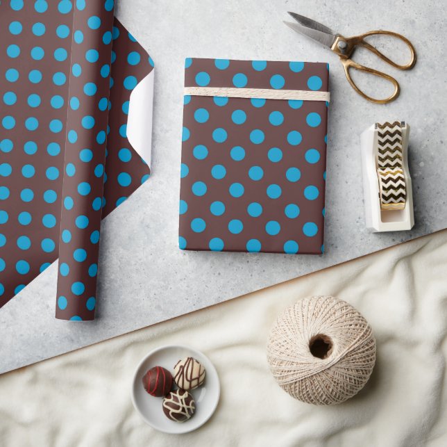 Blue polka dots on brown background wrapping paper (Crafts)