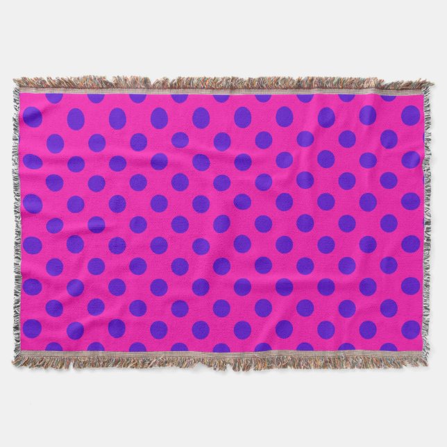 Blue polka dots on fuchsia throw blanket (Front)