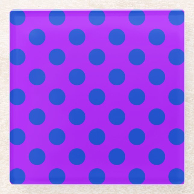 Blue polka dots on purple glass coaster (Front)
