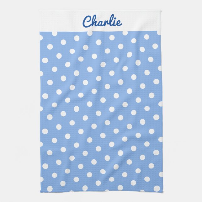 Blue Polka Dots Pattern Stylish Personalized Kitchen Towel (Vertical)