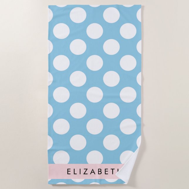 Blue Polka Dots, Polka Dot Pattern, Your Name Beach Towel (Front)