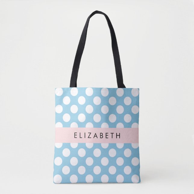 Blue Polka Dots, Polka Dot Pattern, Your Name Tote Bag (Front)