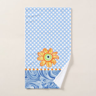 Blue Polka Dots Sunflower Hand Towel
