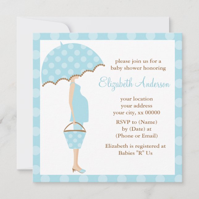 Blue Polka Dots Umbrella Mom Baby Shower Invitation (Front)