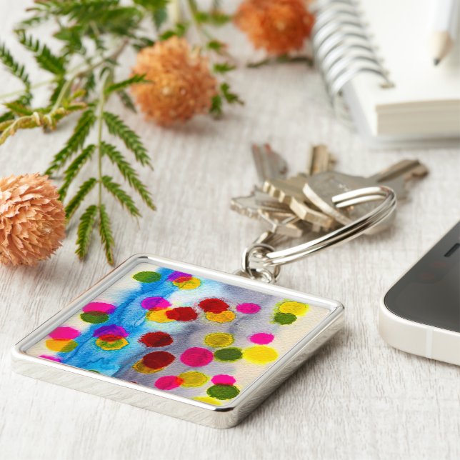 Blue polka dots watercolor abstract keychain (Side)
