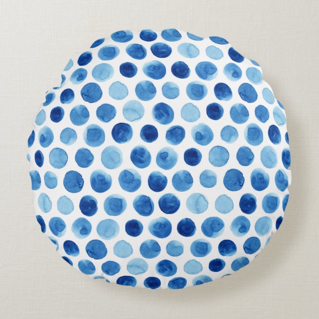Blue polka dots, watercolor seamless pattern. round pillow (Front)