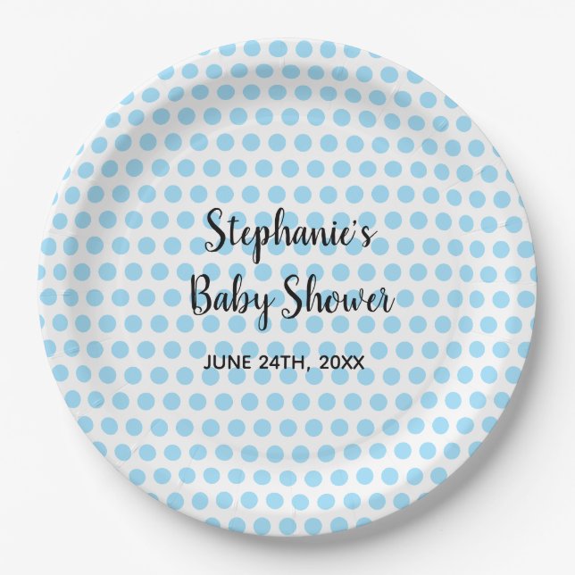 Blue Polka Dots White Baby Shower Boys Girls Cute  Paper Plate (Front)