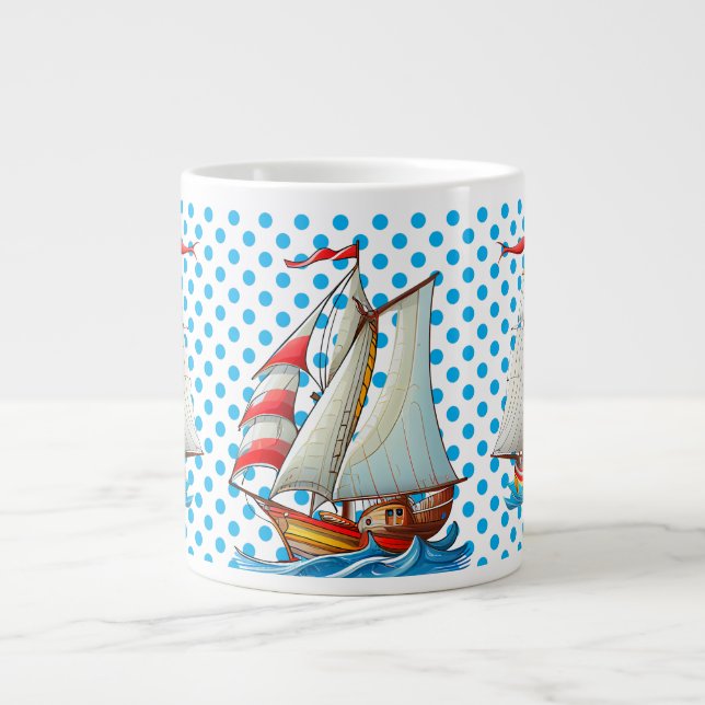 Blue Polka Dots With Sailboats Giant Coffee Mug (Front)