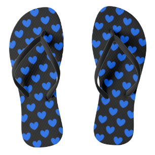 Blue polka hearts on black flip flops