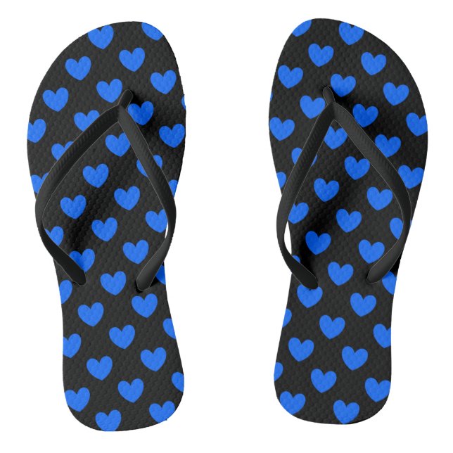 Blue polka hearts on black flip flops (Footbed)