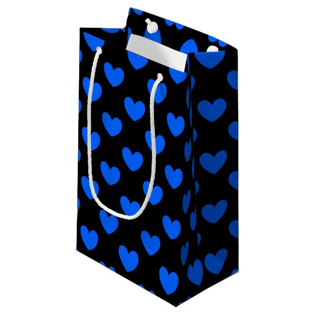 Blue polka hearts on black small gift bag (Front Angled)