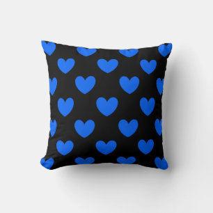 Blue polka hearts on black throw pillow