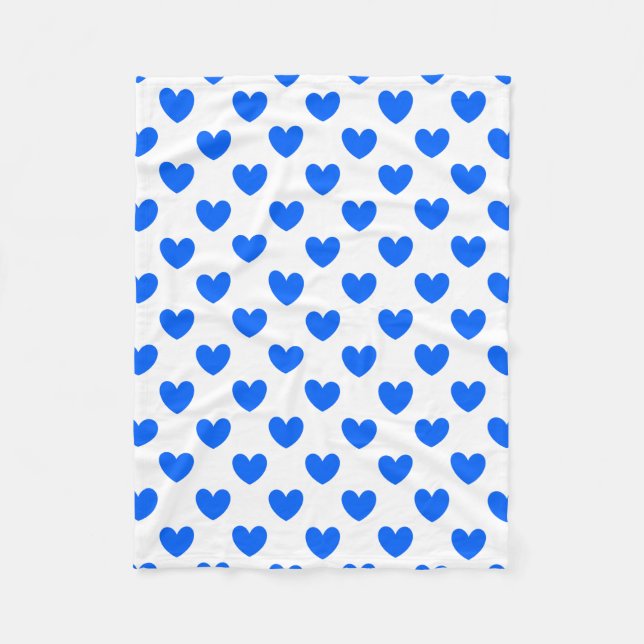 Blue polka hearts on white fleece blanket (Front)