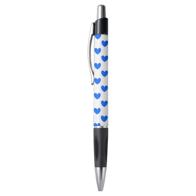 Blue polka hearts on white pen (Top (Vertical))