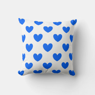 Blue polka hearts on white throw pillow